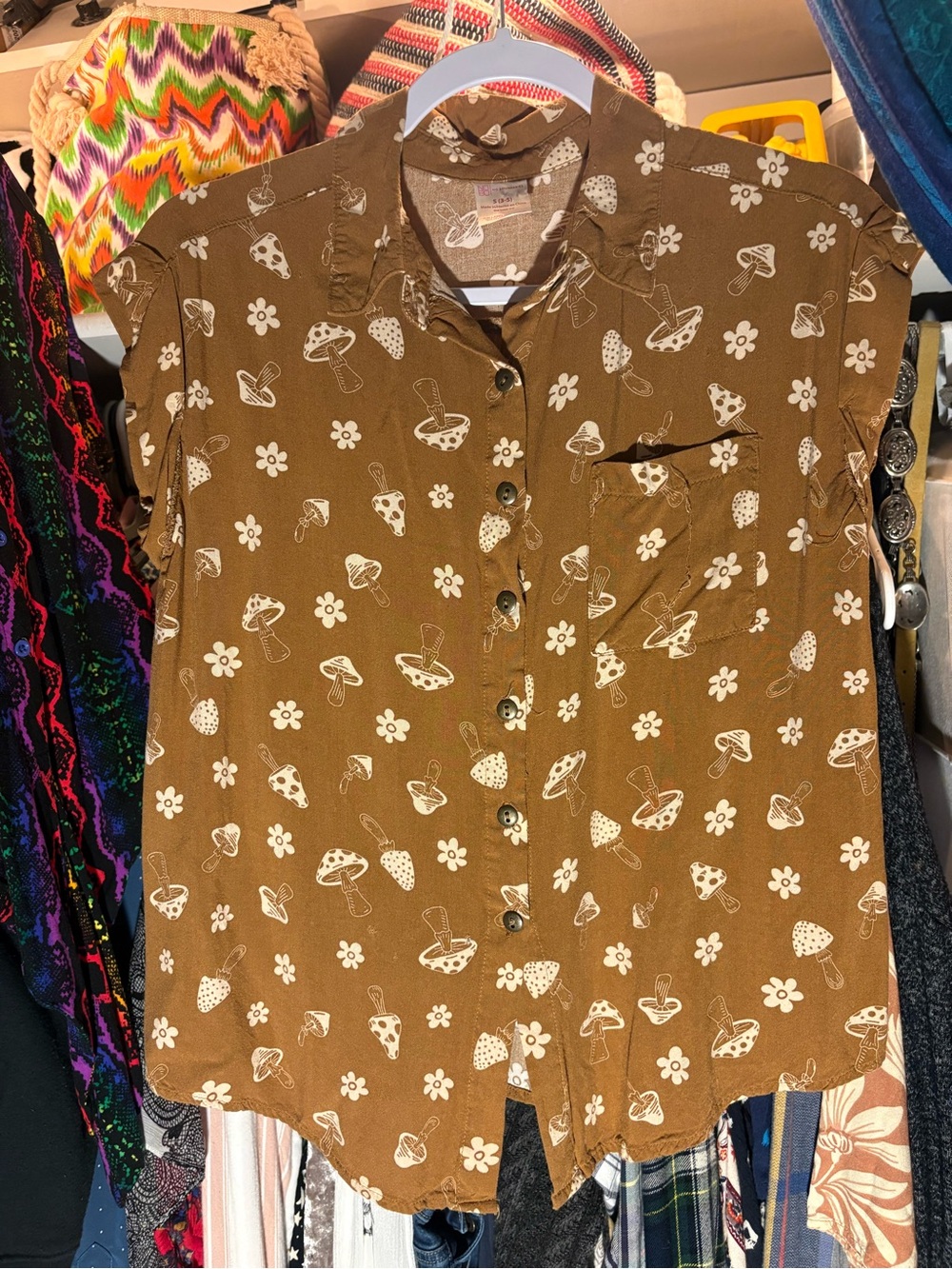No Boundaries Brown Button-Up Shirt with Cream Mushroom & Daisy Print